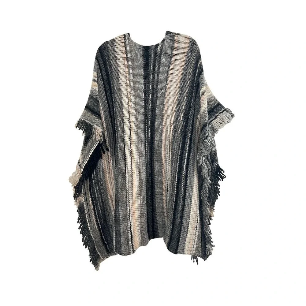 E.D. Italia Wool Blend Fringe Knit Poncho Wrap Gray Striped Made in Italy OS